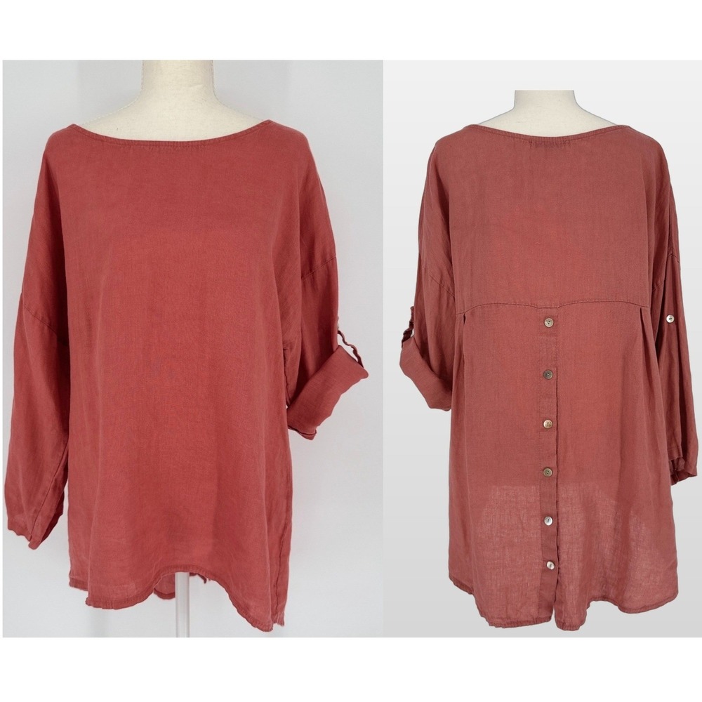 Linen Tunic Top M Nantucket Red Roll Sleeve Lagenlook Boho Coastal Breathable